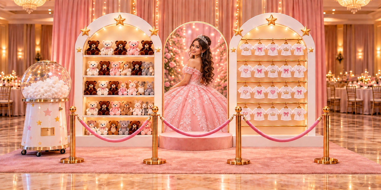 Elegant quinceañera setup concept with a quinceañera portrait, plush shelves, and personalized shirts